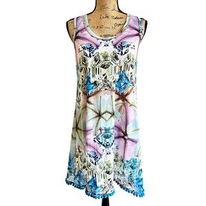 NAUGHTY DOG Sleeveless Cover-Up Mini Dress  SZ L Blue/Pink Jemstones Print Italy